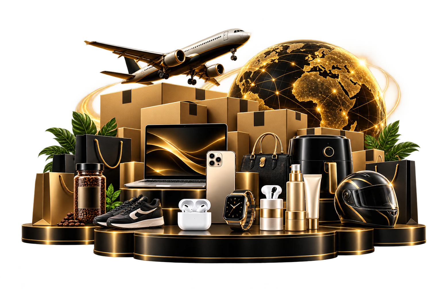Products, shipping boxes, airplane and connected global market